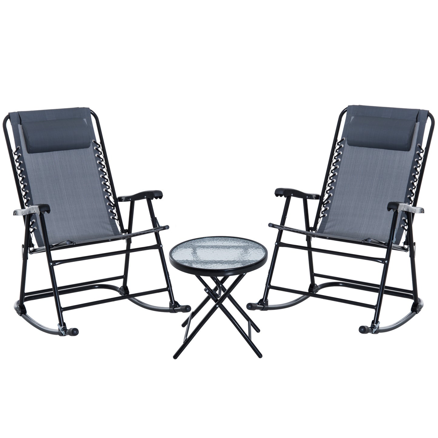 Outsunny 3 Piece Outdoor Rocking Bistro Set, Patio Folding Chair Table Set with Glass Coffee Table for Yard, Patio, Deck, Backyard, Grey