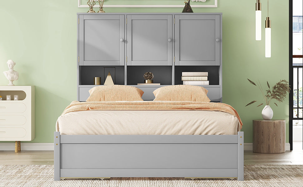 Queen Size Platform Bed with Storage Headboard and 4 Drawers, Gray