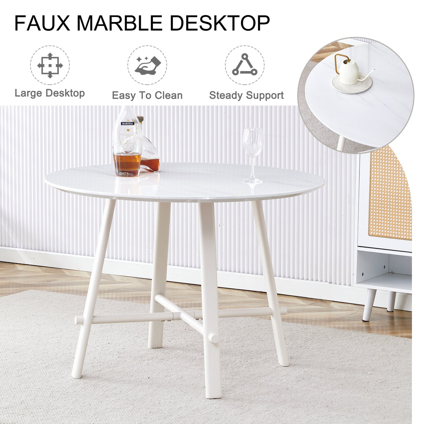 A modern minimalist circular dining table with a 42 inch diameter white patterned tabletop and white metal legs. Suitable for restaurants, living rooms, and conference rooms.