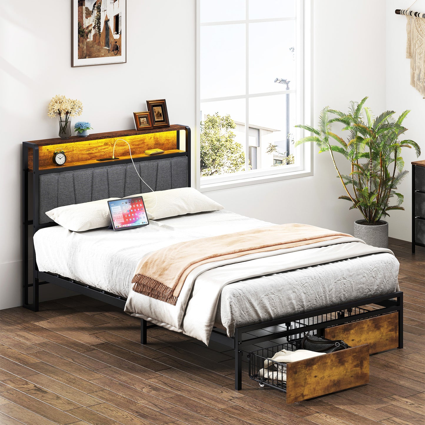 Twin Size Bed Frame Upholstered Platform Bed Frame with Storage Drawers, USB Ports, LED Lights, Upholstered Wingback Headboard, Rustic Brown