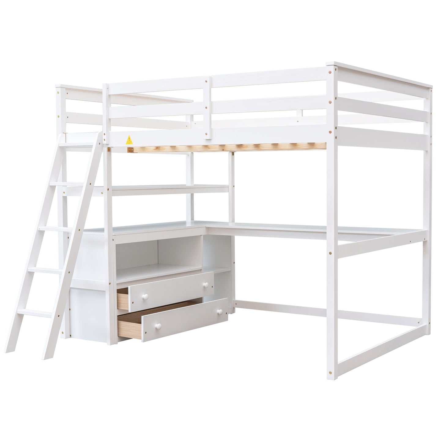Modern White Full Size Loft Bed with Built-in Desk, Shelves, and Two Drawers, Solid Pine Wood