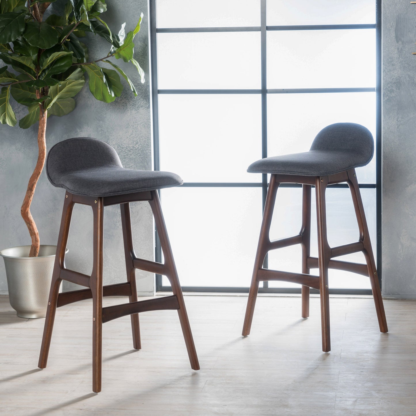 28.5" Mid-Century Modern Upholstered Low Back Barstools (Set of 2), Charcoal, Walnut Finish