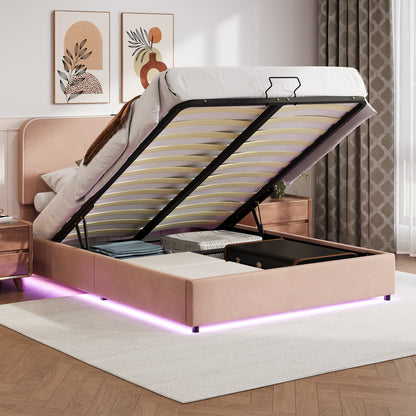 Upholstered Platform Queen Size Hydraulic Storage Bed, Lift Up Storage Bed with RGB LED Light, Bluetooth Speaker, No Box Spring Needed, Lychee Velvet,Pink