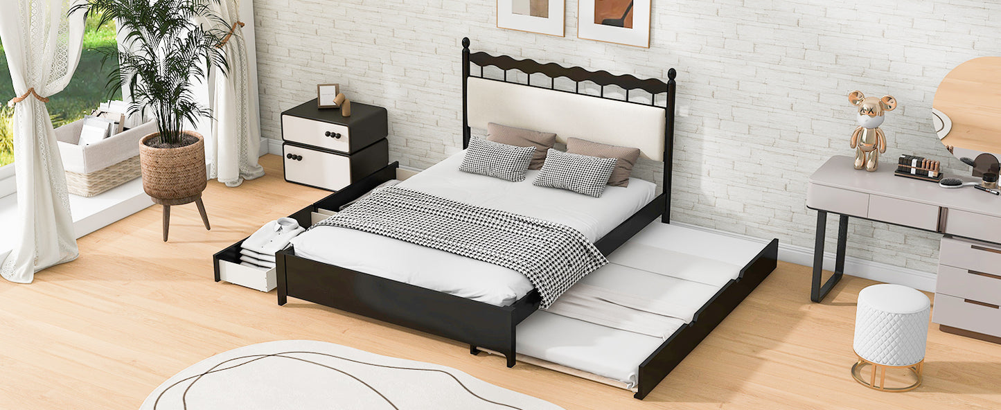 Queen Size Wooden Storage Platform Bed, with 2 Big Drawers, T Size Trundle ,Espresso