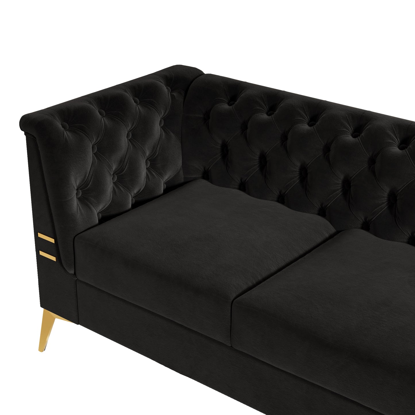 FX-P83-BK2(SOFA) Luxurious Black Velvet Sofa with Gold Legs - Modern Chesterfield Design, Tufted Upholstery, 3-Seat Couch for Living Room and Office