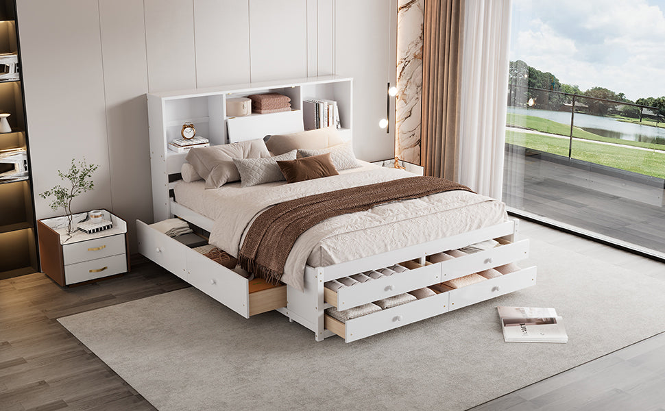 Queen Size Platform Bed with Storage Headboard and 8 Drawers, White