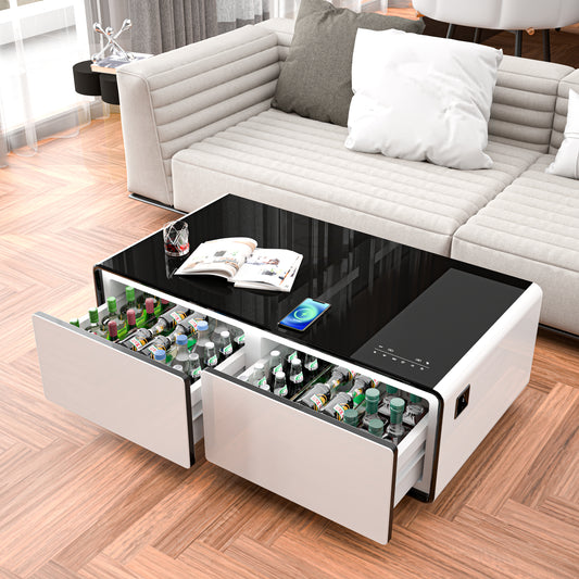 Modern Smart Coffee Table with Built-in Fridge, Bluetooth Speakers, Wireless Charging, Power Socket, USB Ports, Rgb Light, White