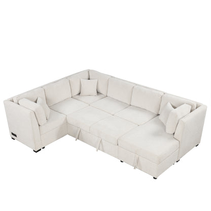 108.6" U-shaped Sectional Sofa Pull out Sofa Bed with Two USB Ports, Two Power Sockets, Three Back Pillows and a Storage Chaise for Living Room, Beige