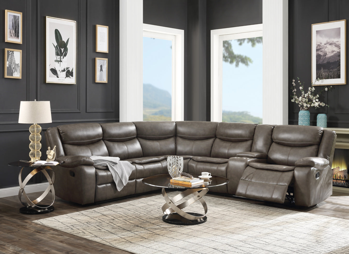 Tavin Taupe Faux Leather Manual Recliner Sectional Sofa w/ Cupholder Console