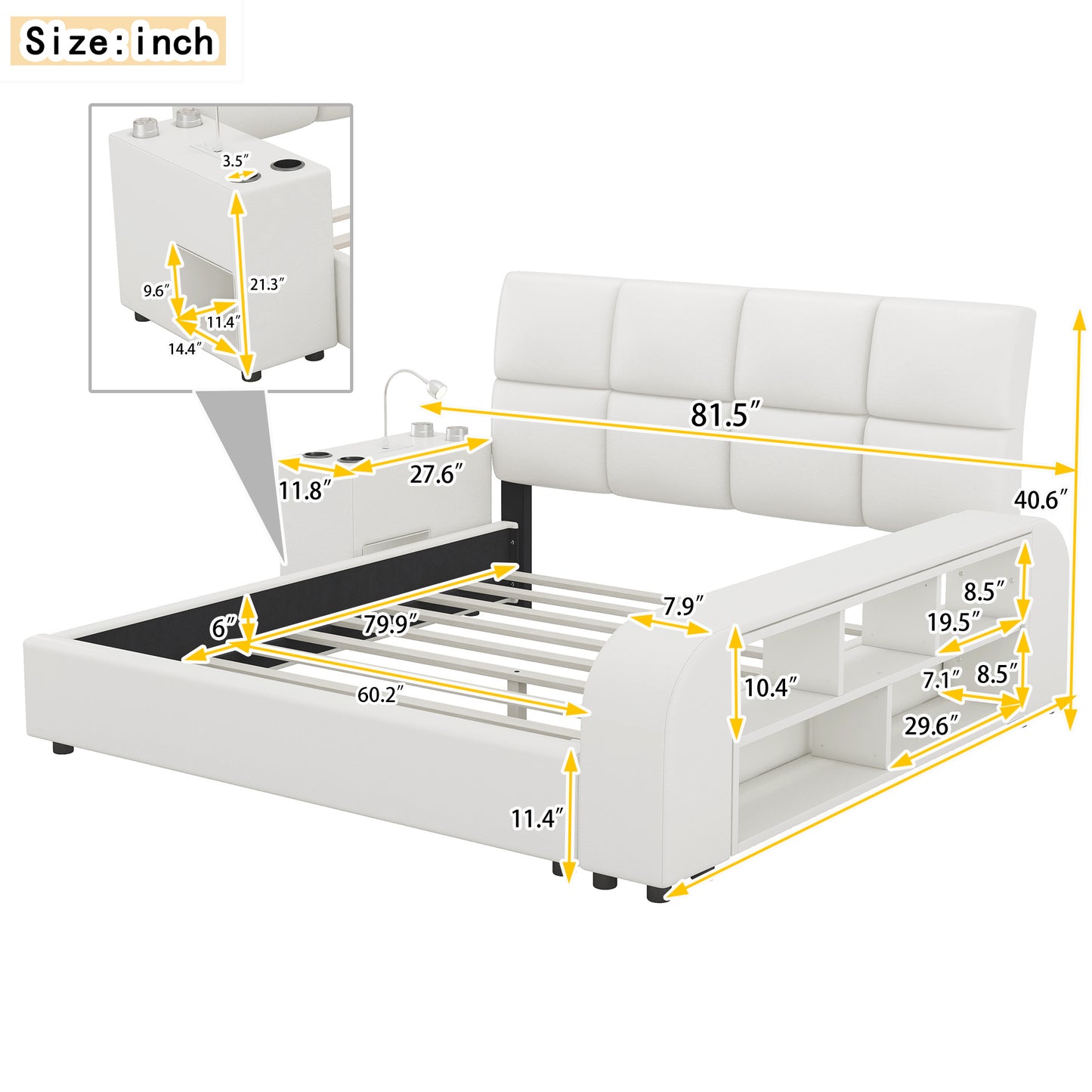 Queen Size Upholstered Platform Bed with Multimedia Nightstand and Storage Shelves, White