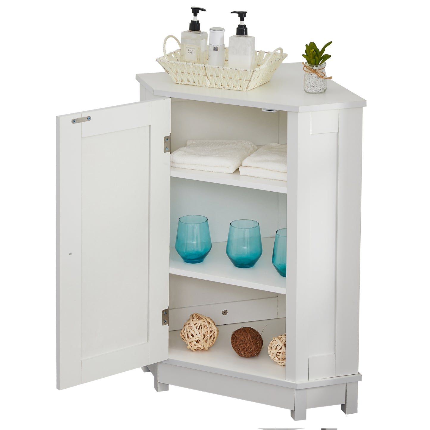 White Bathroom Cabinet Triangle Corner Storage Cabinet with Adjustable Shelf Modern Style MDF Board (Old SKU:WF291477AAK)