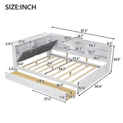 Wood Full Size platform bed with Storage Headboard, Shelves and 2 Drawers, White