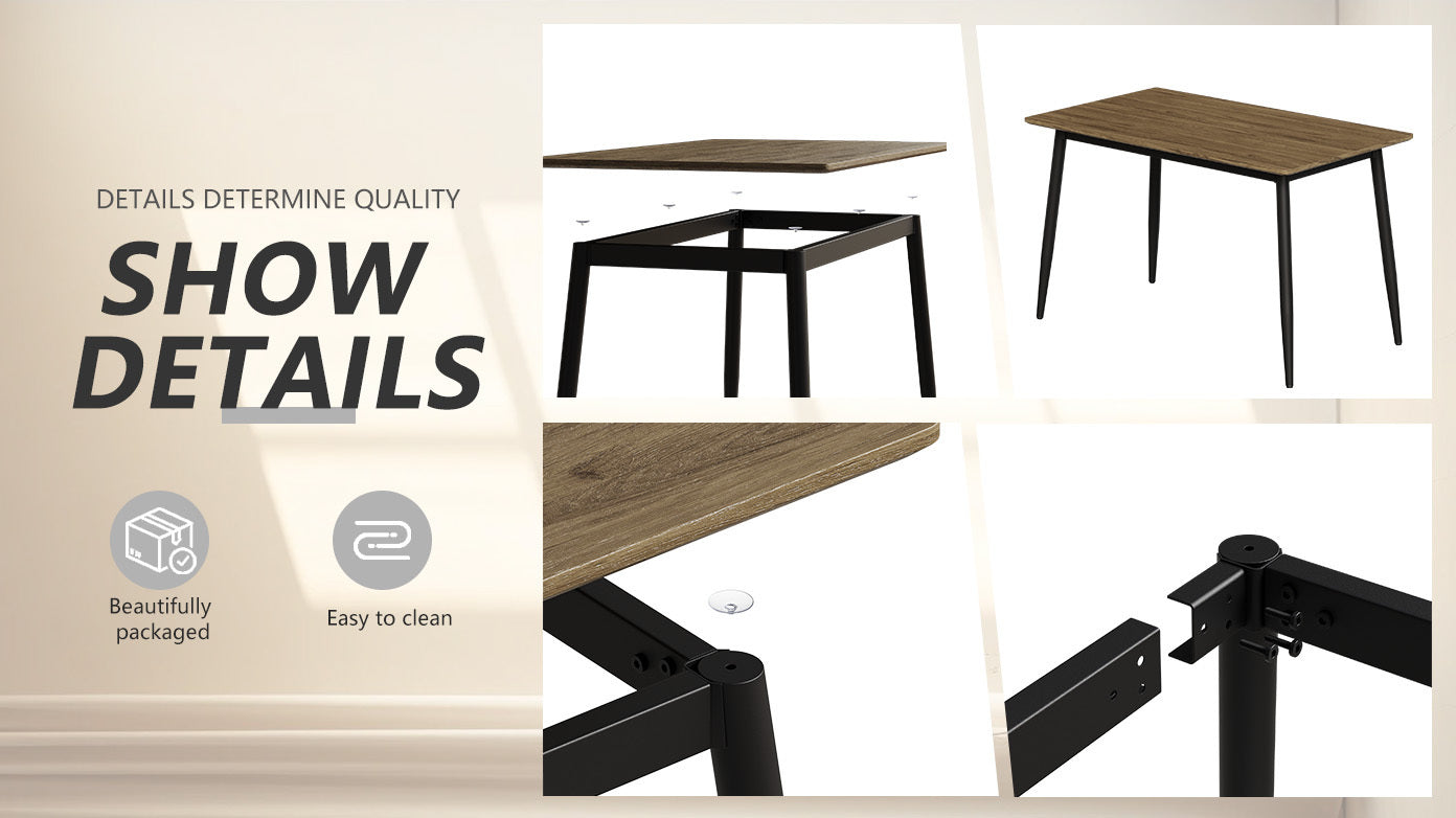 Modern minimalist wood grain tabletop dining table, stylish dining table, kitchen dining table, sturdy and durable, easy to assemble, black metal leg design, suitable for 4-6 people, suitable for home