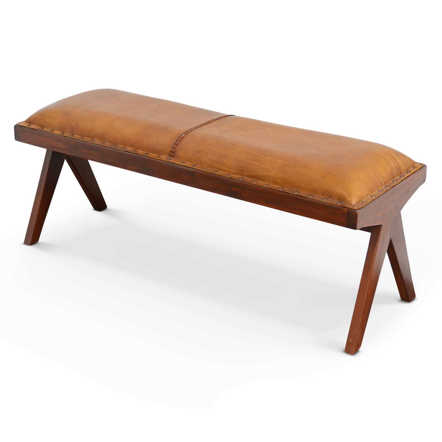 Chad Mid Century Modern Tan Leather Bench with Solid Wood Frame and Tapered Legs 47.2'L x 16.1'W x 18.1'H for Living Room Bedroom Waiting Room