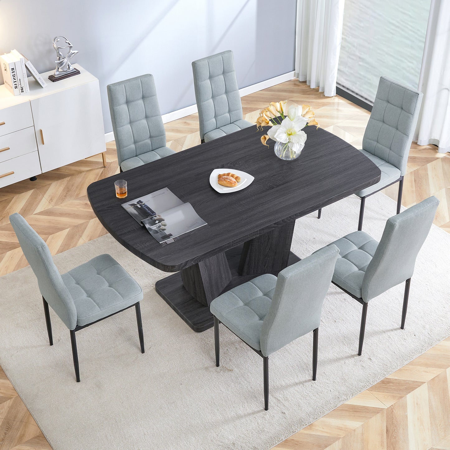 Dining Table Set for 6, 7 Piece Kitchen Table Chairs Set, 1.8" Thickness Tabletop and V-shaped Table Legs, Modern Dining Room Set with 63 inch Dinner Table and 6 Upholstered Chairs for Dining Room