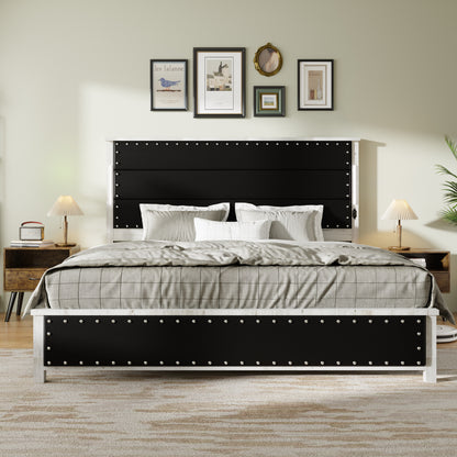 King Size Bed Frame with Upholstered Headboard, King Bed Frame with Charging Station and LED Lights, Wood Slats, Dark Gray Faux Leather & Rivets,  No Box Spring Needed, Easy Assembly