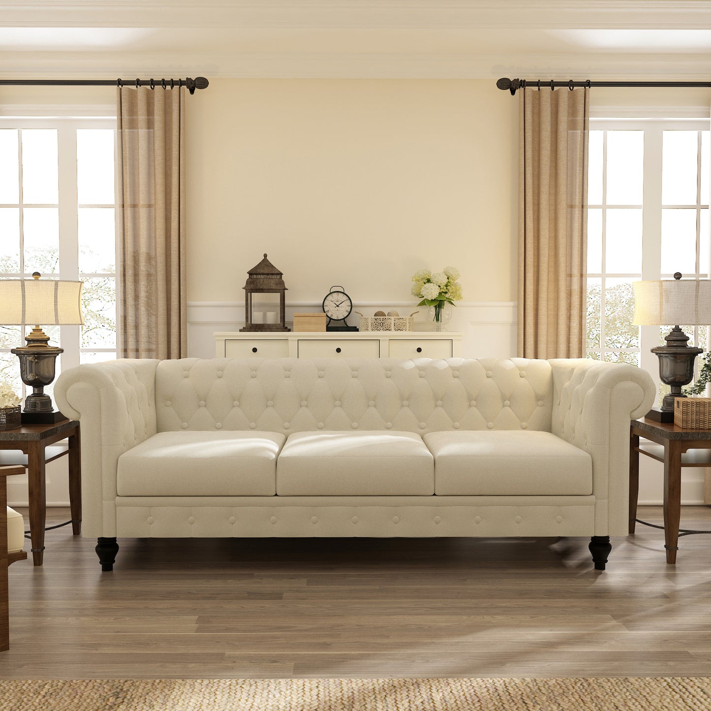 Elegant Beige Chesterfield Sofa - 3-Seater Plush Fabric with Tufted Buttons and Wooden Legs - Classic Design, Comfortable and Durable for Living Room Furniture