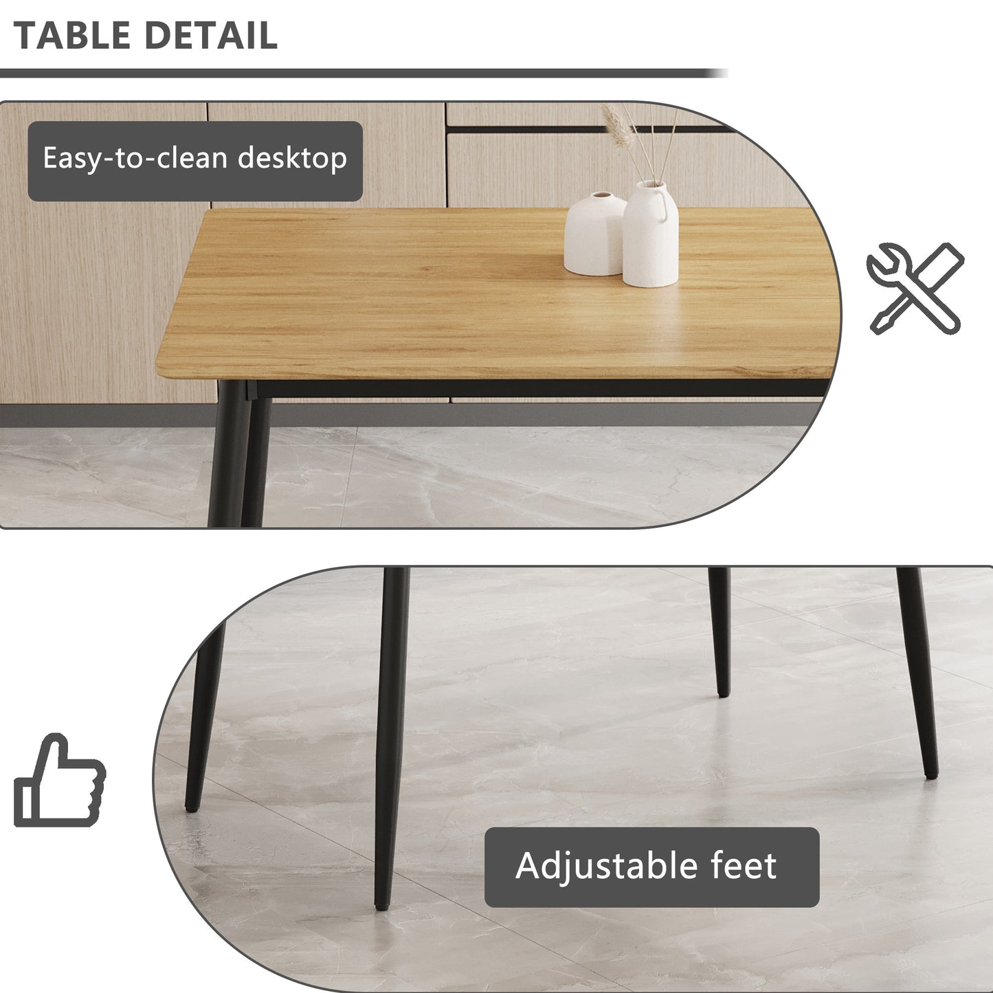 Modern minimalist wood grain tabletop dining table, stylish dining table, kitchen dining table, sturdy and durable, easy to assemble, black metal leg design, suitable for 4-6 people, suitable for home