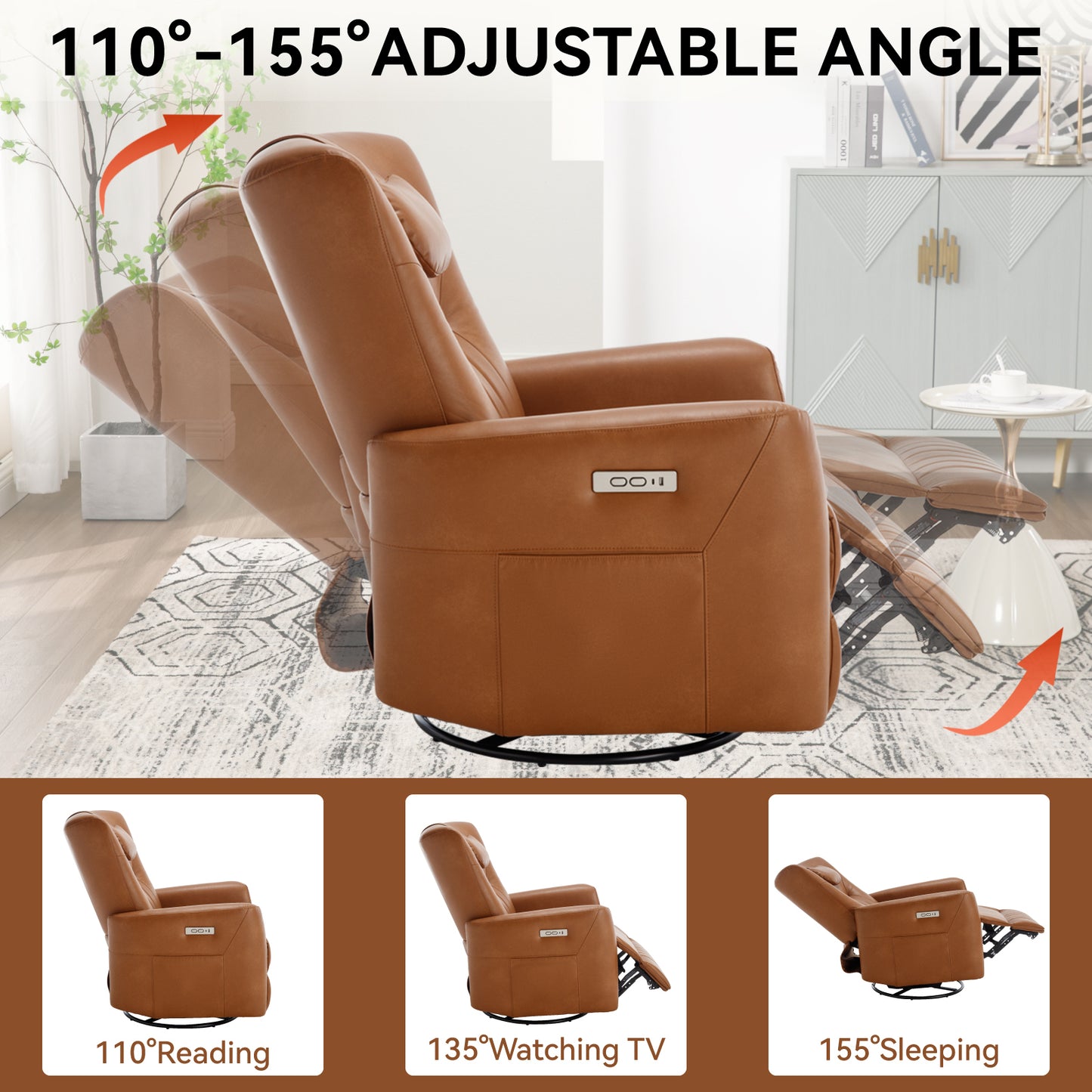 Yellow Brown Leatheraire Swivel and Rocker Power Recliner Chair with Lumbar and Neck Support Pillow, Heavy Duty Motion Mechanism with USB and Type-C