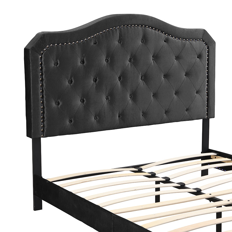 Upholstered Bed Button Tufted with Curve Design - Strong Wood Slat Support - Easy Assembly - Black Velvet - With LED light-platform bed - Queen