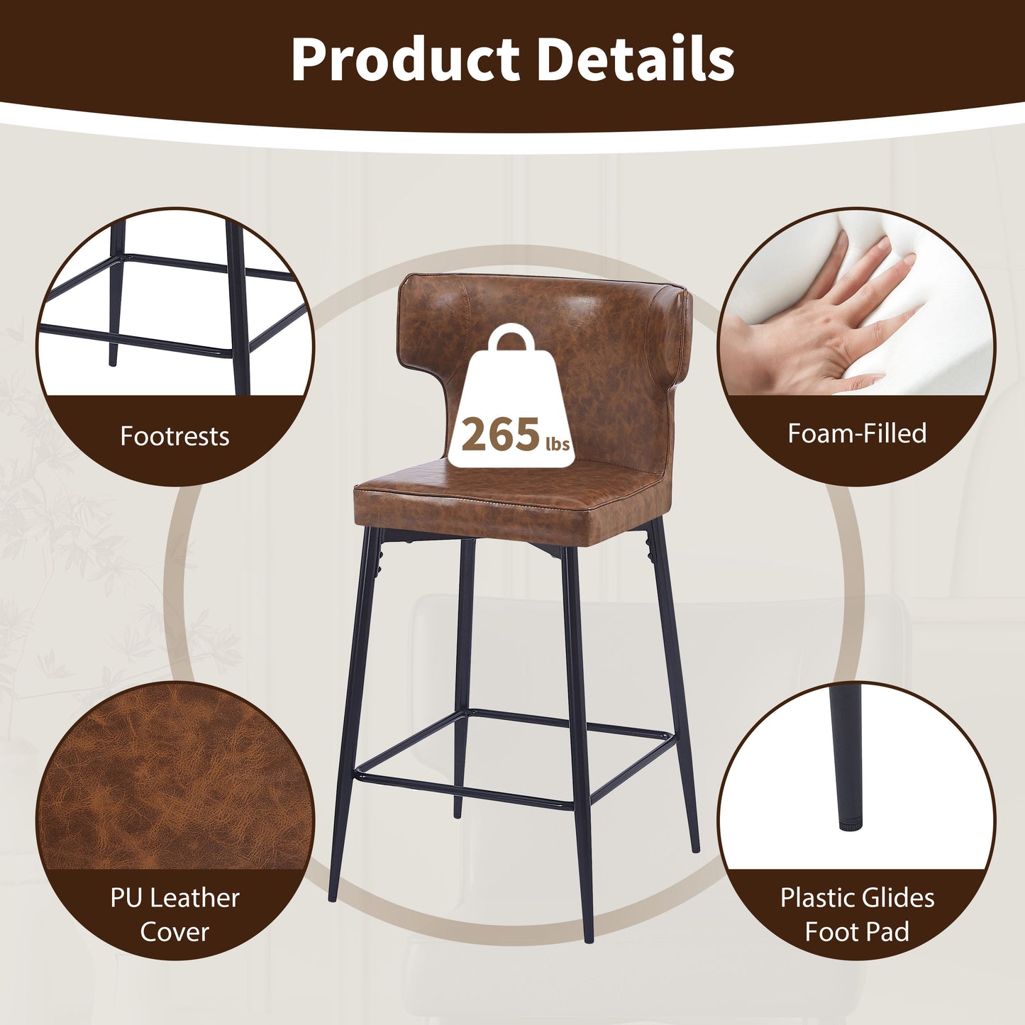 28inch Counter Height Bar Stools Set of 2, Modern Bar Upholstered Chairs with PU Leather, Metal Footrest and Frame for Kitchen Island, Bar Table, Dining Room, Brown