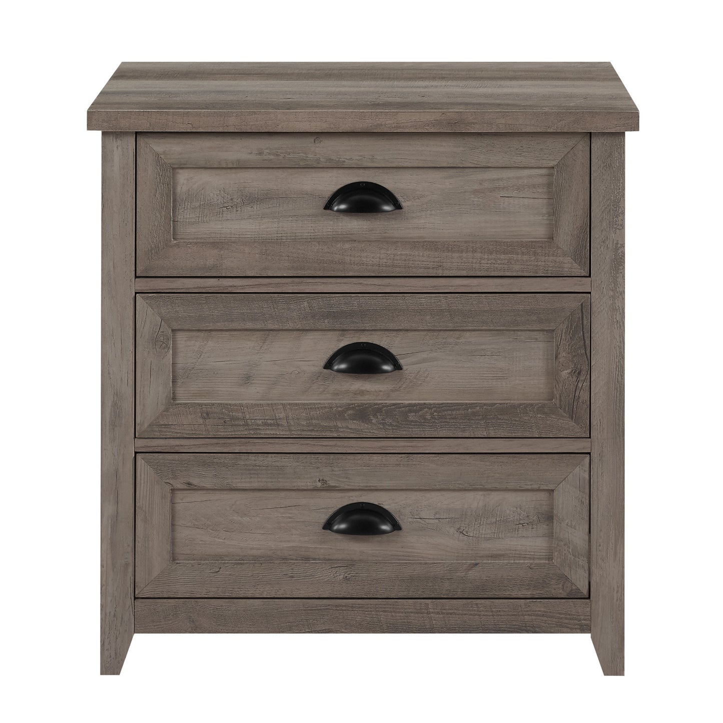 Transitional Farmhouse Framed 3-Drawer Nightstand with Cup Handles - Grey Wash