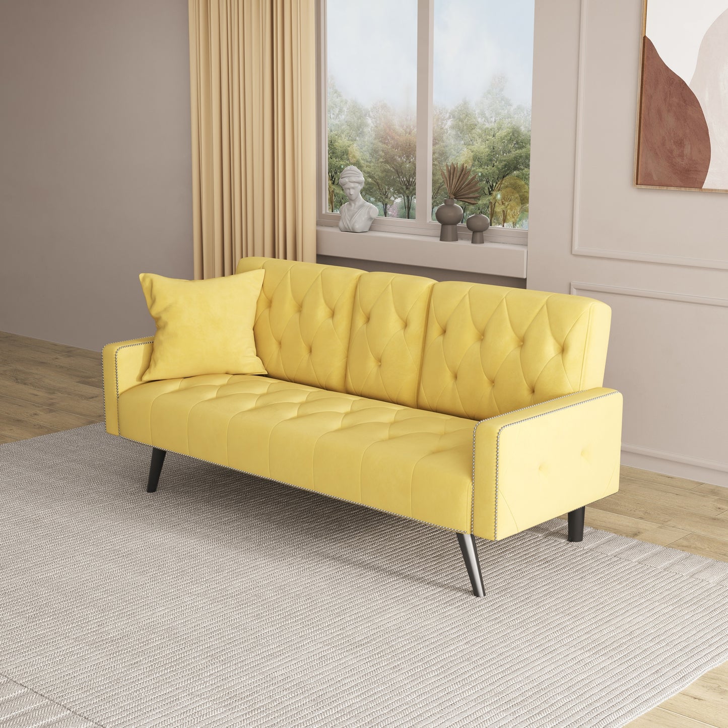 Compact Yellow Velvet Sofa Bed with Nailhead Trim Armrests & Dual Cup Holders - Perfect for Small Spaces, 72-Inch Length