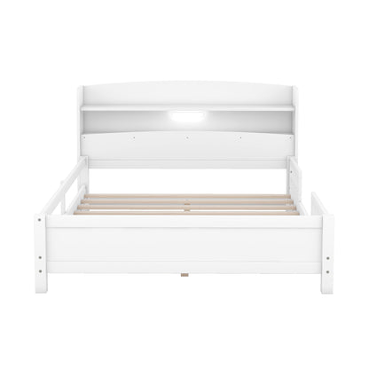 Wood Full Size Platform Bed with Built-in LED Light, Storage Headboard and Guardrail, White