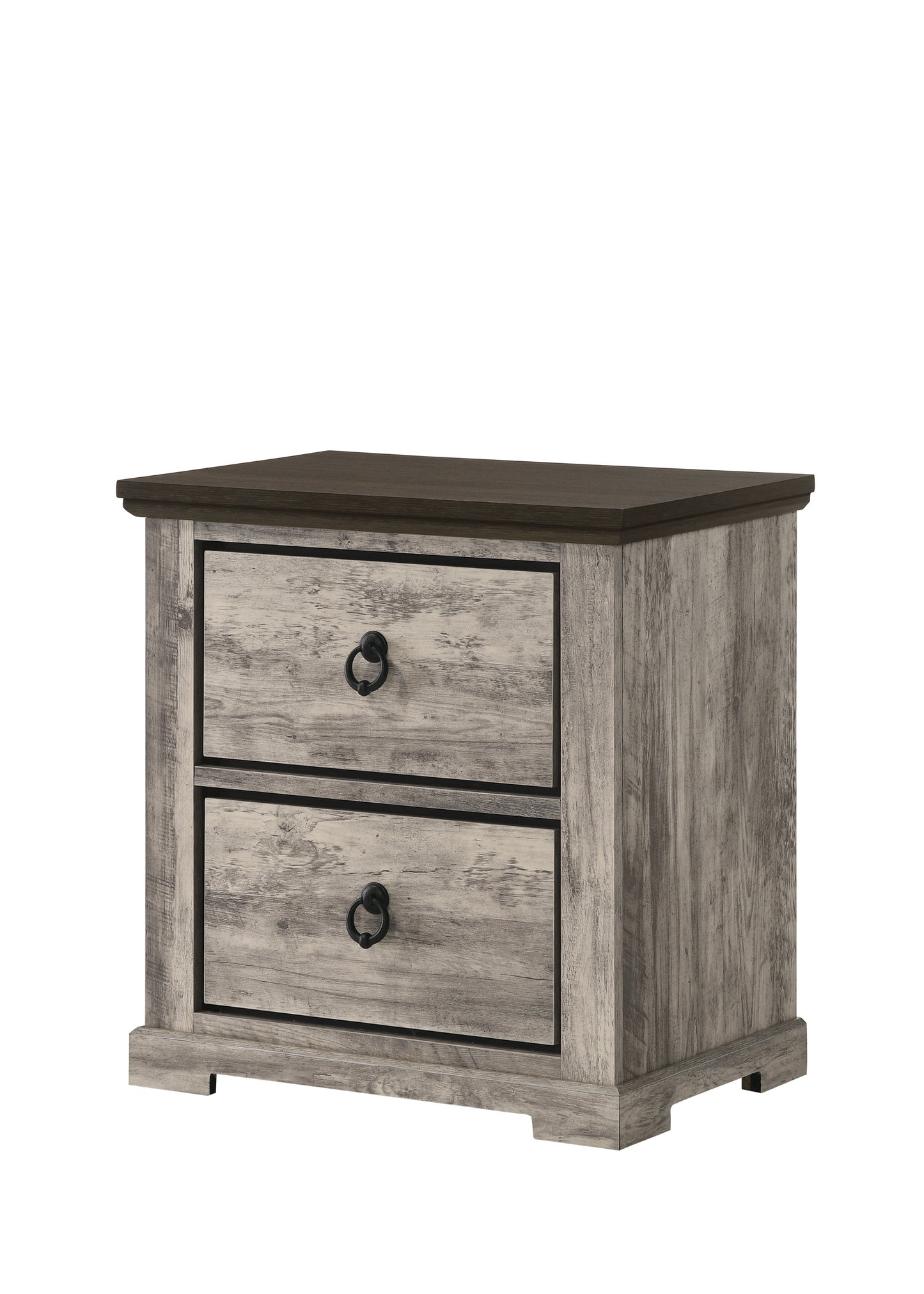 1pc Contemporary Rustic Gray Two-Tone Finish Two Drawers Nightstand Metal Pull Knobs Wooden Bedroom Furniture