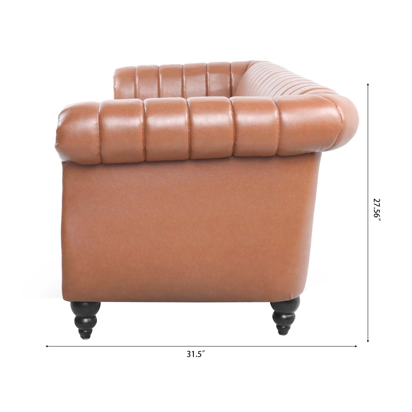 83.46" Brown PU Rolled Arm Chesterfield Three Seater Sofa.