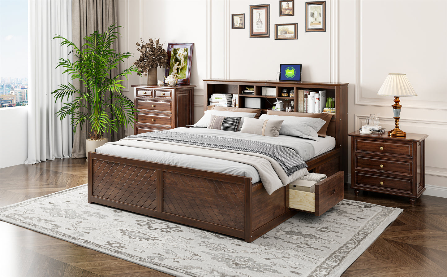 King Size Wood Platform Bed with Multi-storage Headboard, USB and Drawers, Antique Wood Color