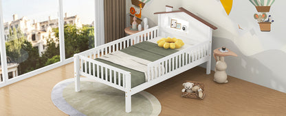 Twin Size Wood Platform Bed with House-shaped Headboard, LED and Built-in Storage, White