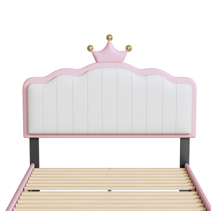 Twin size Upholstered Princess Bed With Crown Headboard,Twin Size Platform Bed with Headboard and Footboard with Light Strips,Golden Metal Legs, White+Pink