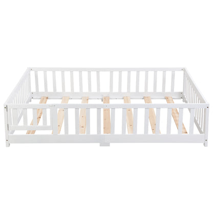 Queen Size Floor Bed with Door,Solid Wood Platform Bed Frame with Fence,Suitable for children,Pine Wood,White