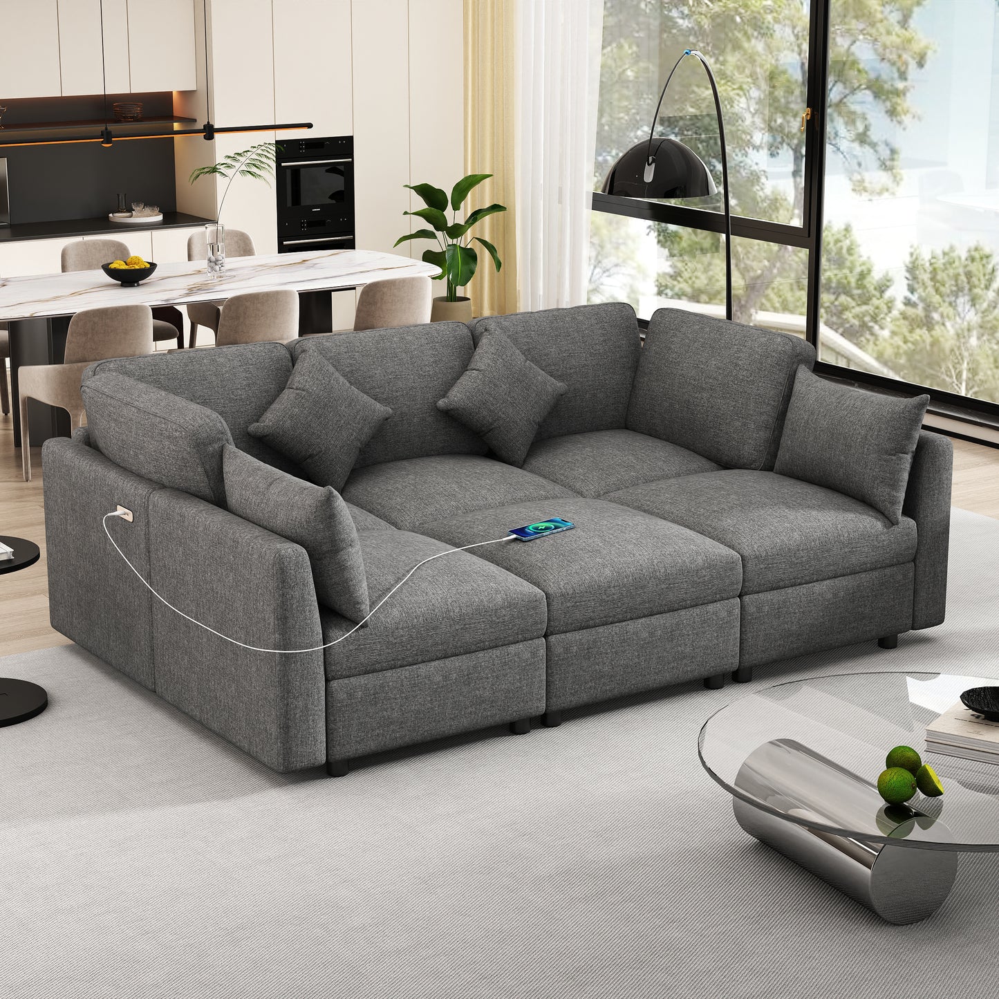 85.4" Sectional Sofa Modular Sofa U-shaped Sofa Couch Sofa Bed L-shaped Sofa with a Movable Ottoman and Two USB Ports for Living Room, Grey