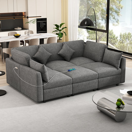 85.4" Sectional Sofa Modular Sofa U-shaped Sofa Couch Sofa Bed L-shaped Sofa with a Movable Ottoman and Two USB Ports for Living Room, Grey