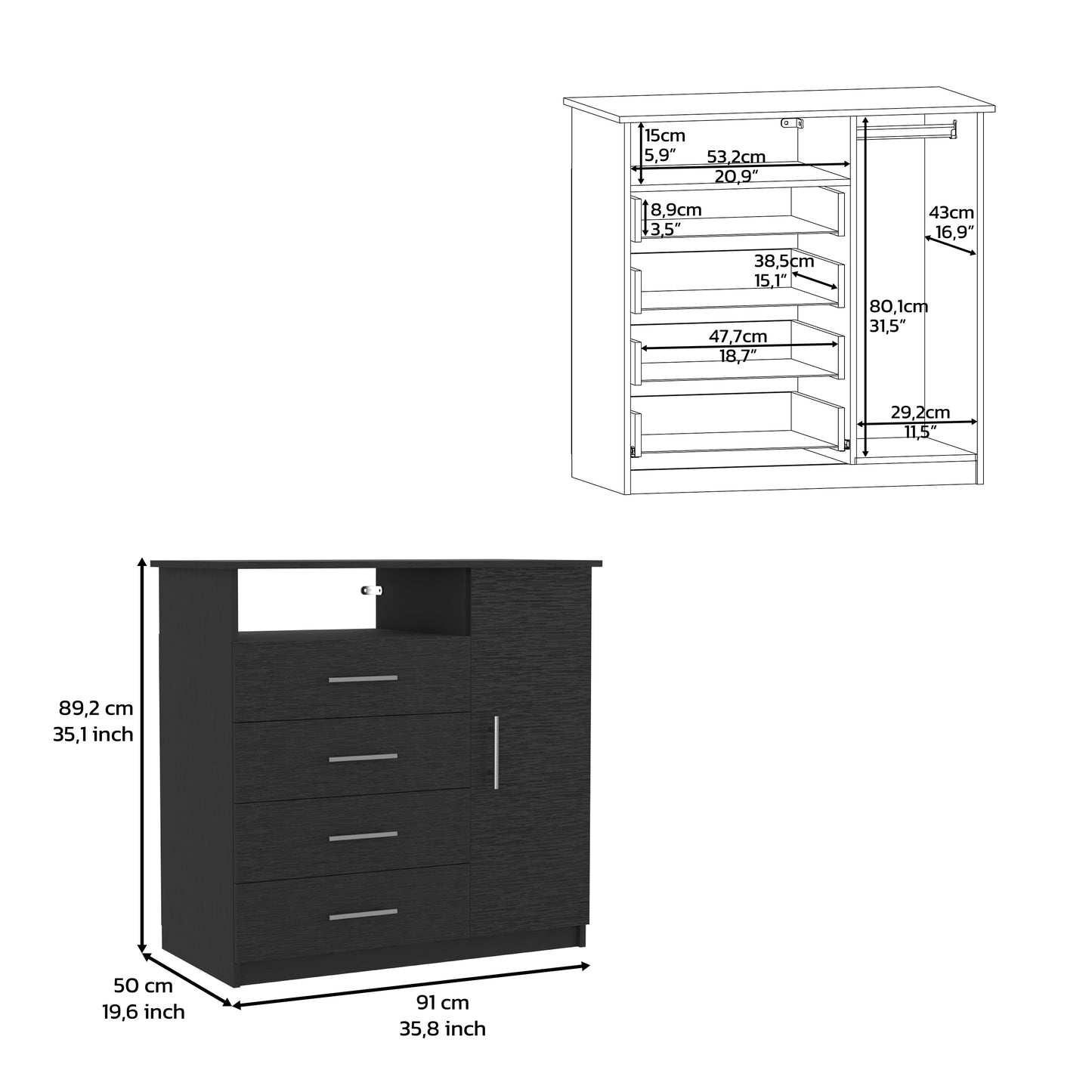 4 Drawer Dresser, One Open Shelf, Superior Top, Single Door Cabinet, Black