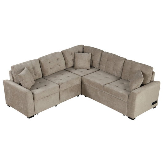 Khaki L-shape Sofa Bed with Pull-out Sleeper, USB Ports & Power Sockets, Corded Velveteen