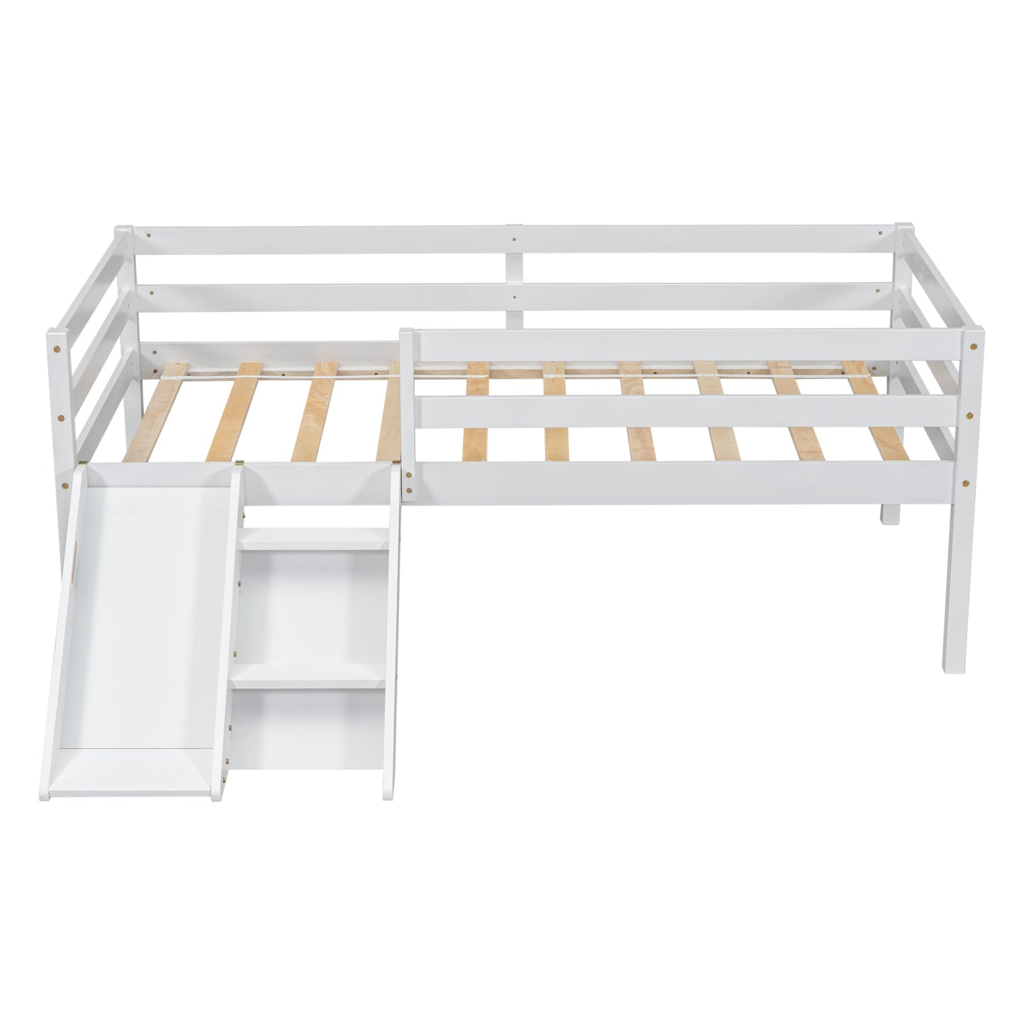 Twin Low Loft Bed with Slide,  Ladder, Safety Guardrails, No Box Spring Needed,White