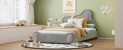 Twin Size Velvet Platform Bed with Bear-Shaped Headboard, with Bed-End Storage Pocket, Gray