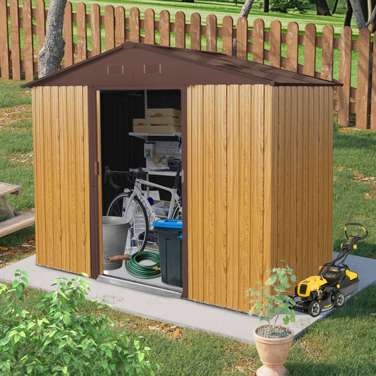 8ft x 4ft Outdoor Metal Storage Shed with Sliding Door and foundation for Backyard, Patio, Lawn  (Coffee)