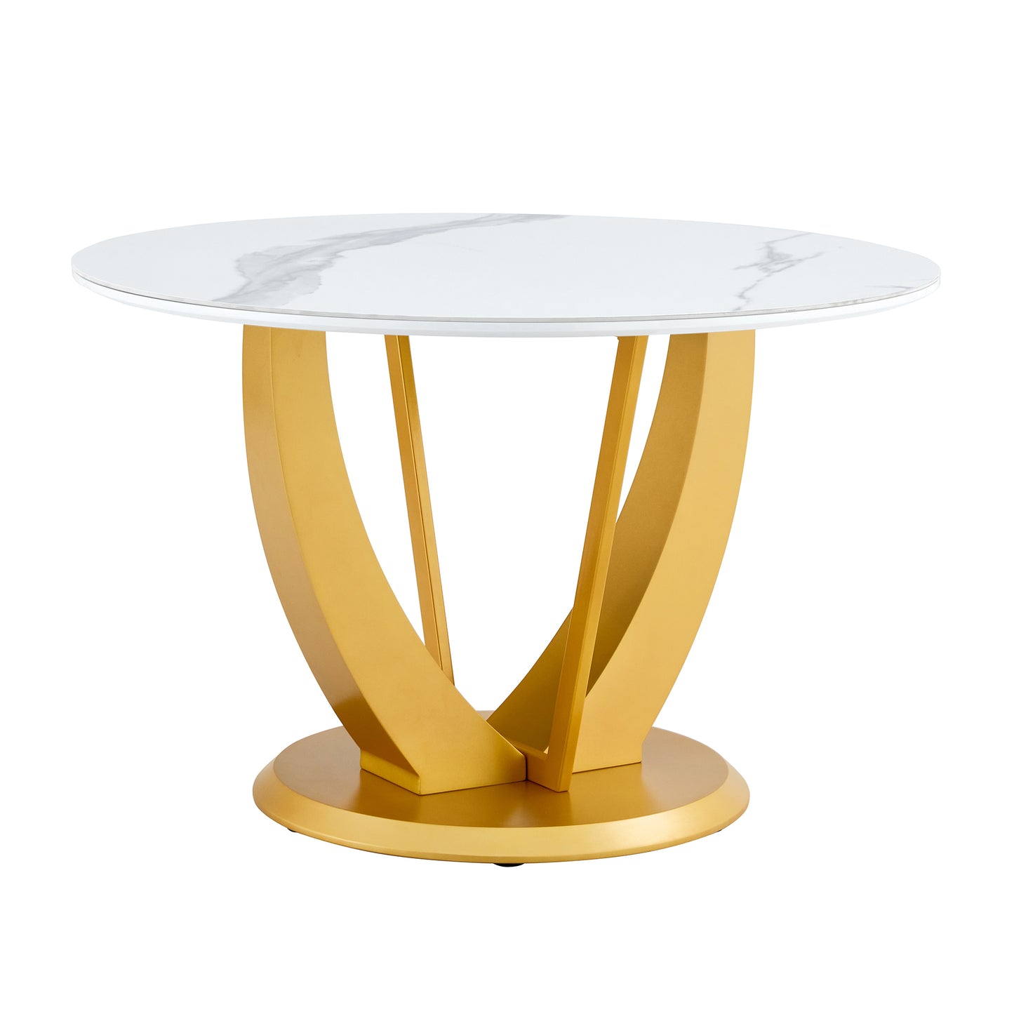 A modern minimalist round white patterned table top measuring 48 inches in diameter with gold MDF legs. Suitable for dining and living rooms.