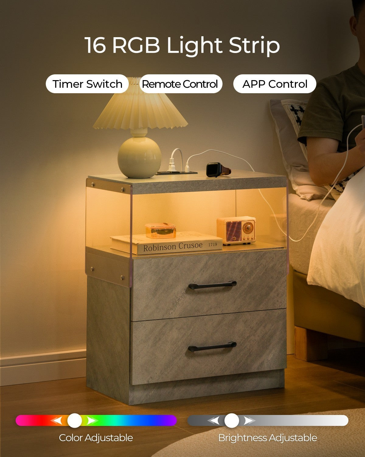 Nightstand with LED Lights, Adjustable Light Colors, Bedside Table, Side Table with 2 Drawers,Grey