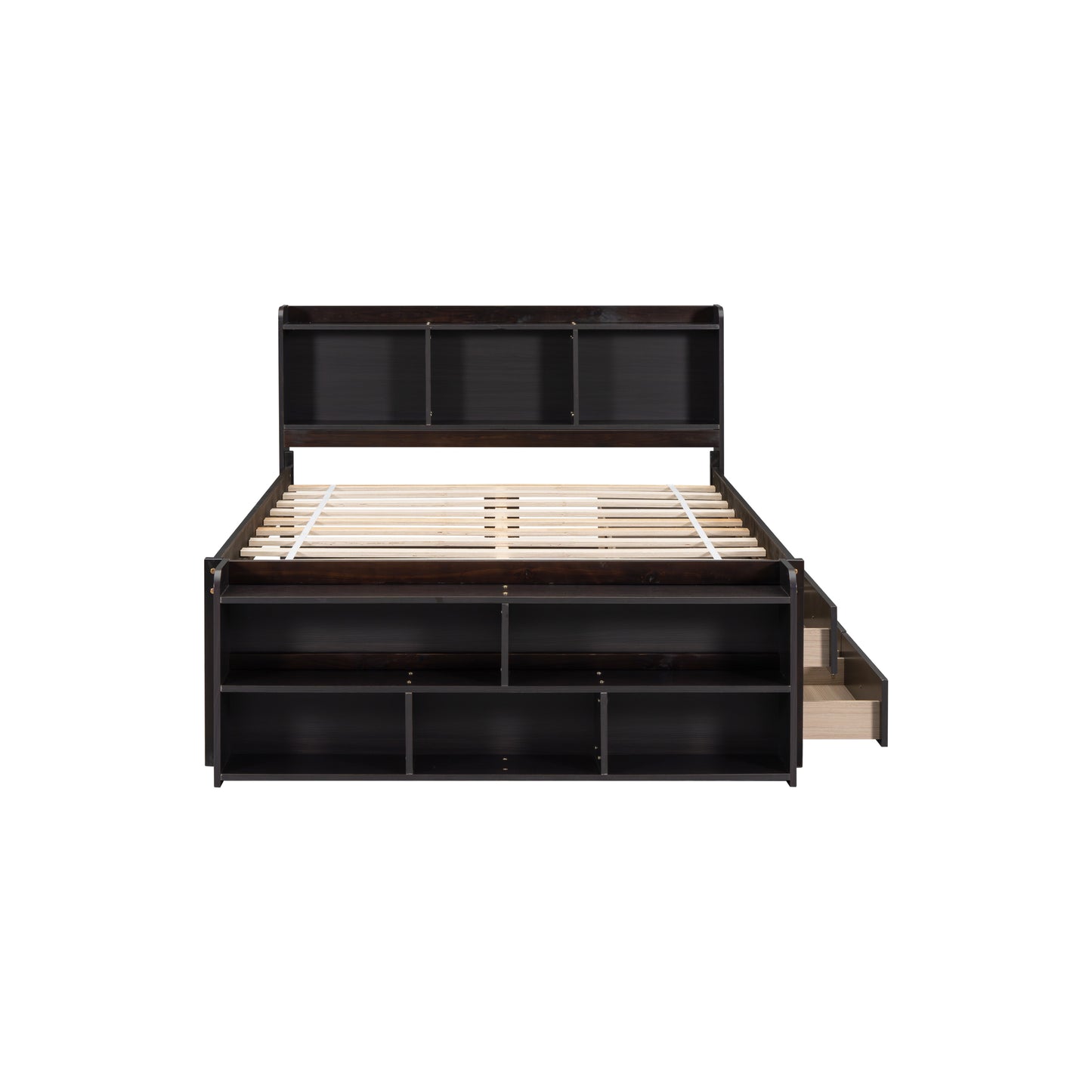 Full Bed with Bookcase Headboard, Under bed Storage Drawers and Bed End Storage Case,Espresso