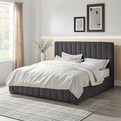 King Size Modern Design Bed Frame Upholstered Queen Bed Frame Platform with Headboard Fabric Headboard Wooden Slats Support, No Box Spring Needed,Mattress Foundation,Dark Grey