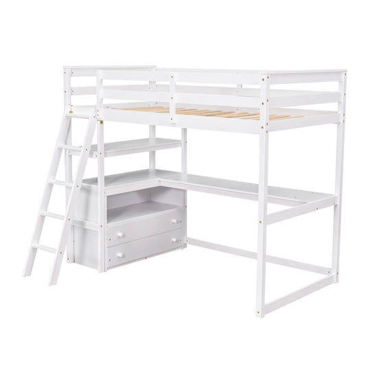 White Twin Size Loft Bed with Desk, Shelves and Two Drawers, Solid Pine Wood Frame