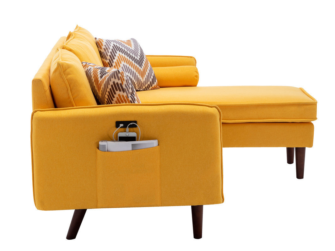 Mia 70" Yellow Sectional Sofa Chaise with USB Charger & Pillows