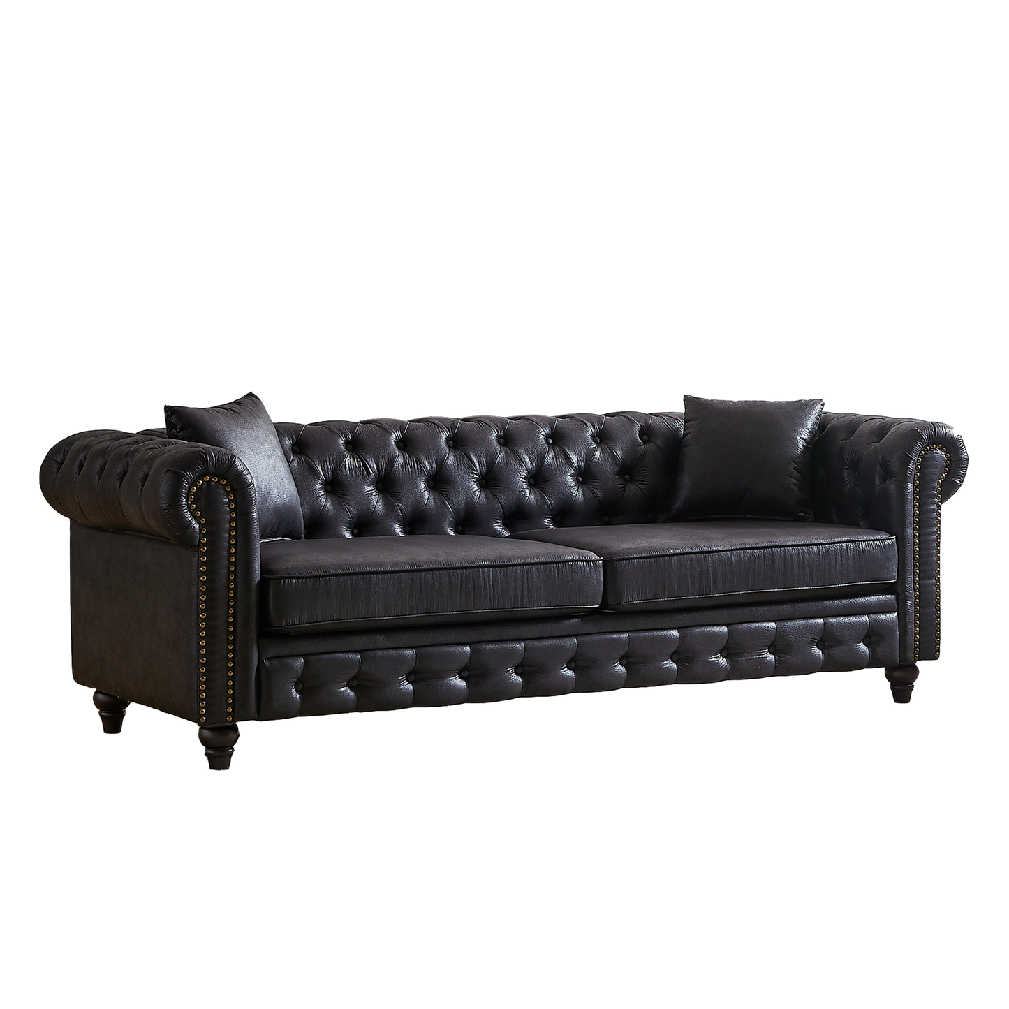 FX 85.5"Living Room with Tech Fabric Chesterfield Sofa with Rolled Arms 3 Seater Sofa with Button Design and 2 Cushions for Apartment, Office, Living Room