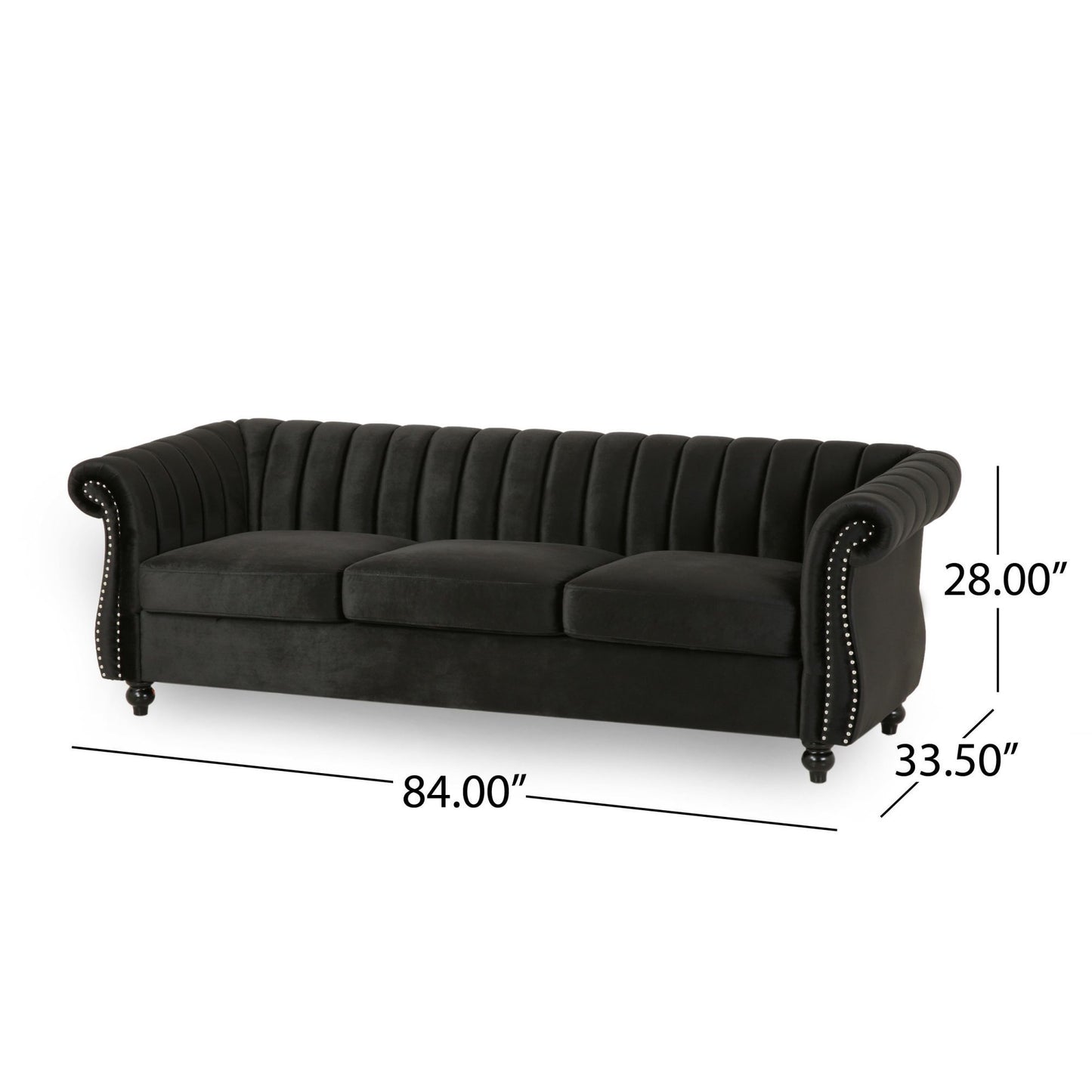 84-Inch Black 3-Seater Velvet Sofa – Button Tufted with Nailhead Trim, Curved Backrest, and Rolled Arms, Stylish and Elegant Couch for Modern Living Rooms, Durable Upholstery, Luxury Design