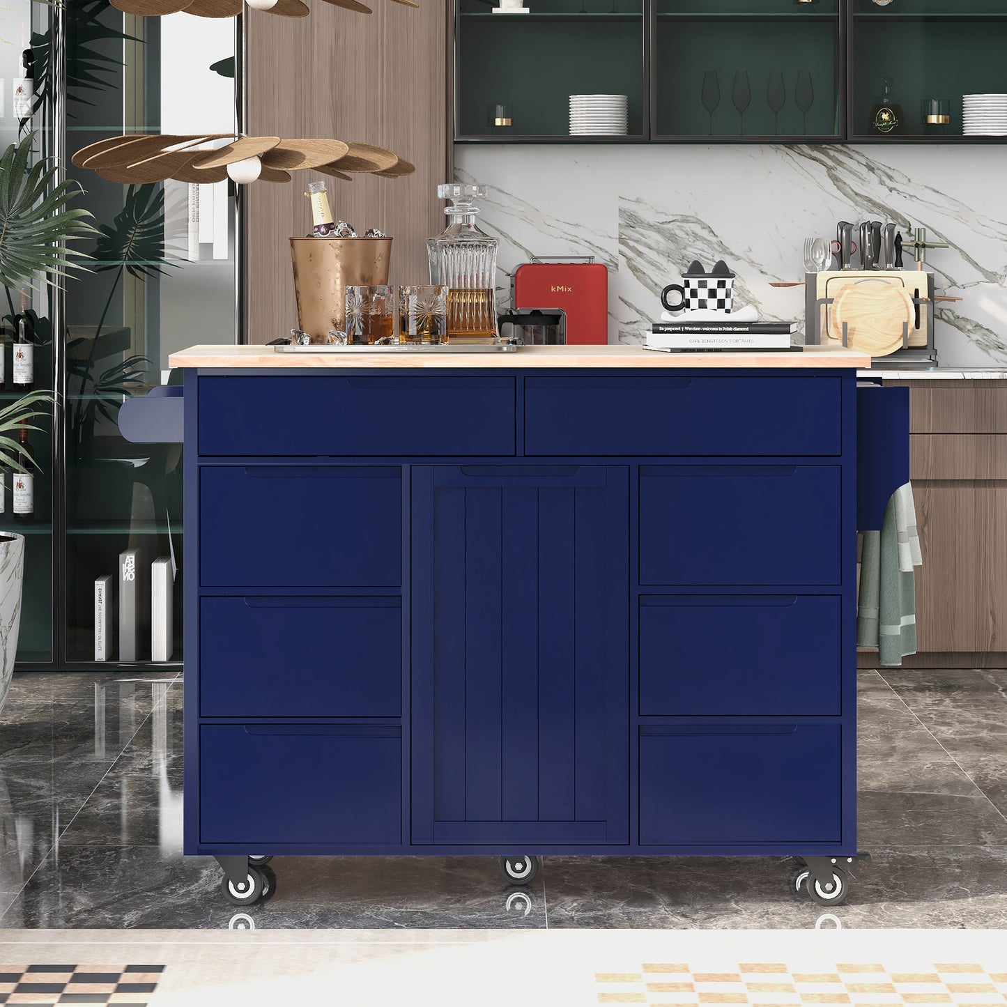 K&K Store Kitchen Cart with Rubber Wood Countertop , Kitchen Island has 8 Handle-Free Drawers Including a Flatware Organizer and 5 Wheels for Kitchen Dinning Room, Dark Blue